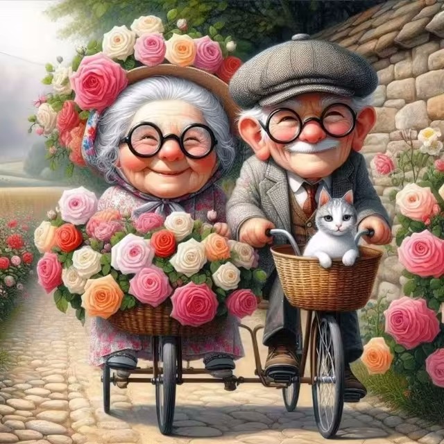 Cartoon Happy Old Couple 5D Fu - Resin Art Canvas ulasan dan harga